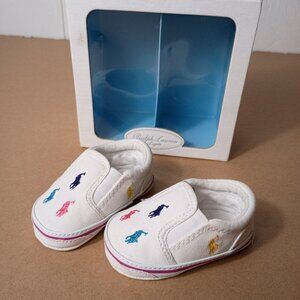 Ralph Lauren Layette White Colors Polo Horse Embroidered Crib Shoes 2 3-6 Months